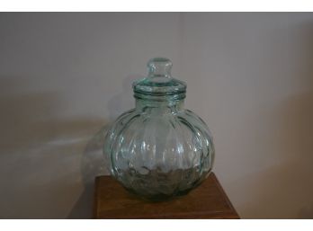 Vintage Green Glass Apothecary Jar Pumpkin Pot Belly Cookie Canister