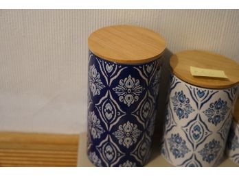 3 Piece Bamboo Lid Jar Set In A Blue/white/tan Color