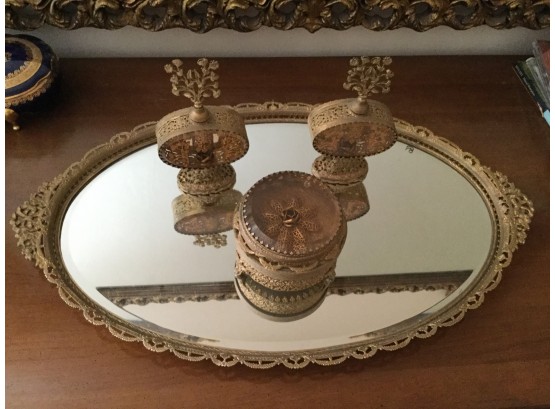Mirror Tray With Two Vintage Perfume Bottles And Trinket Bowl