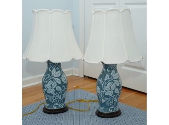 Two Blue Leaf Patterned Lamps By Ethan Allen
