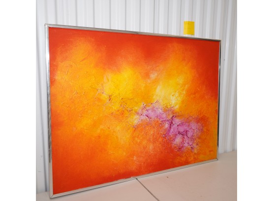 Vintage Large Orange And Red Signed Stucco Style Painting, Chrome Frame
