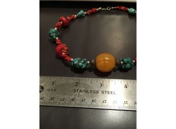 Necklace Of Turquoise Amber And Coral