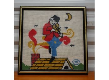 Vintage Needle Point Man Playing Violin On Top Of House