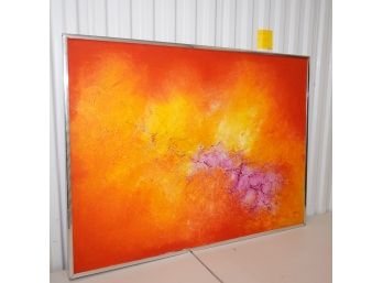 Vintage Large Orange And Red Signed Stucco Style Painting, Chrome Frame