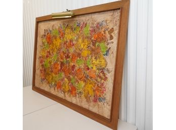 Vintage Colorful Large 60x41in  Mixed Media Painting Of Leaves With Oil On Board
