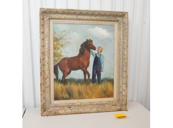 29x24.5 Oil On Canvas By B. Kana 1968 Of Horse And Boy