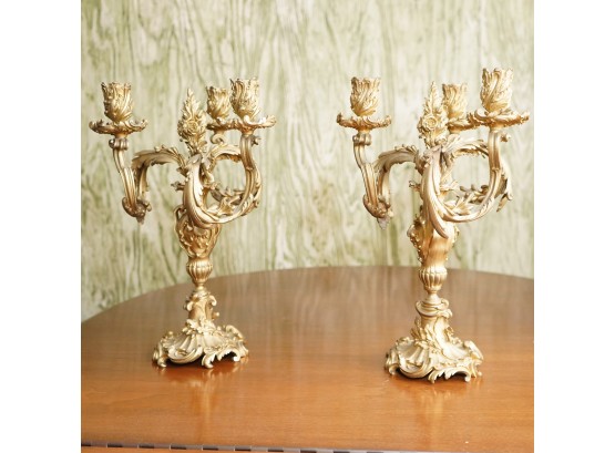 Two Brass Three Pronged Candle Holders
