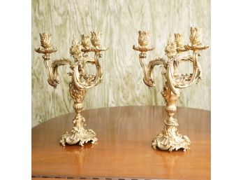 Two Brass Three Pronged Candle Holders
