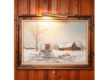 Large Oil Painting Snowy With Stage Coach