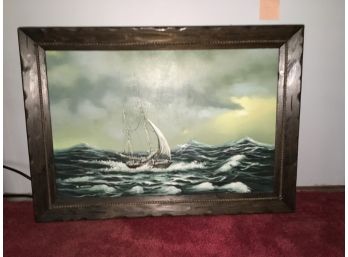 Oil On Canvas Ship In The Distance