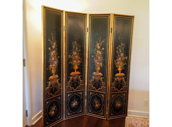 Wooden Foldable Room Divider With Gorgeous Flowers Painted