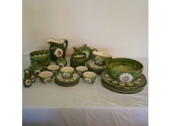 Set Of Green Colored Hand Painted  With Flower Patter Cups, Plates And Dishes