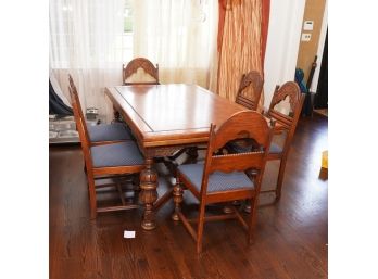Insane Wooden Dinning Room Table With Hidden Extender Slats W/6 Chairs Jacobean Style