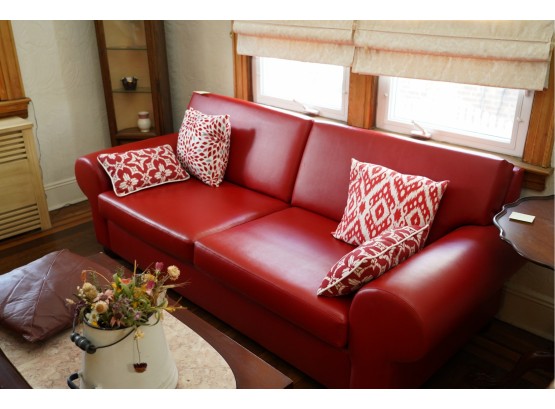 Red Leather Couch With 4 Pillows