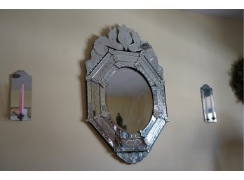 GLASS MIRROR WITH GLASS CANDLE HOLDERS
