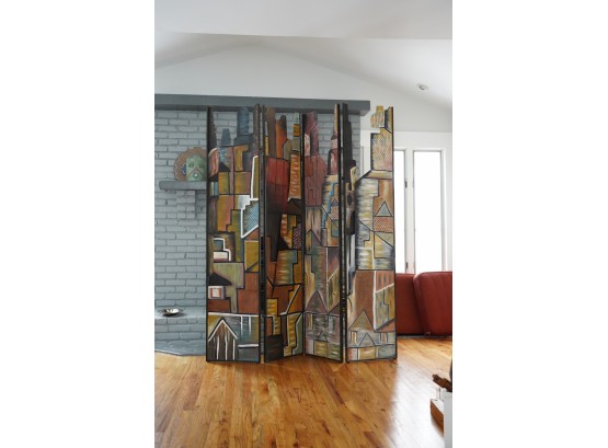 RARE: HAND PAINTED ROOM DIVIDER FOUR PANEL METAL