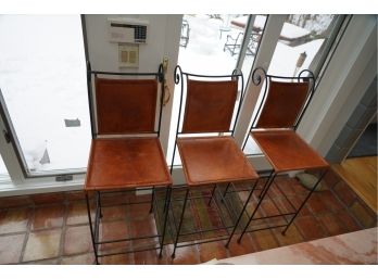 LOT OF 3 TALL METAL BAR CHAIRS  WITH LEATHER SEAT