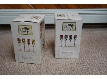 LOT OF 2 SET OF 4 FINE HAND-PAINTED CHAMPAGNE FLUTES