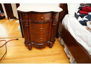 MARBLE TOP WOOD NIGHTSTAND WITH DRAWS AND DESIGN