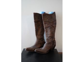 BROWN LEATHER COWBOY STYLE BOOTS, RETAIL$369