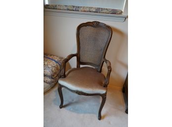 VINTAGE WOOD CHAIR, WITH WHICKER BACKING AND VELVET