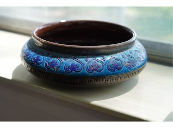 MID CENTURY POTTERY BLUE BOWL, 12IN LENGTH