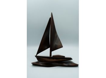 MID CENTURY WOOD SMALL BROWN WOOD BOAT