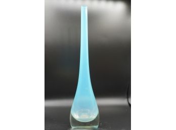 SHALLOW BLUE GLASS VASE, 14IN HEIGHT
