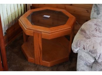 OCTAGON WOOD SIDE TABLE WITH GLASS TOP INSERT