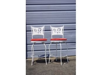 LOT OF 2 WHITE METAL STOOLS WITH RED CUSHIONS, 38IN HEIGHT