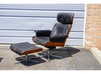 VINTAGE BLACK LEATHER DESK CHAIR WITH OTTOMAN