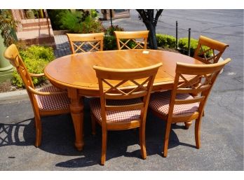 STANLEY FURNITURE ROUND WOOD TABLE WITH 1 LEAF AND 6 CHAIRS, GOOD CONDITION