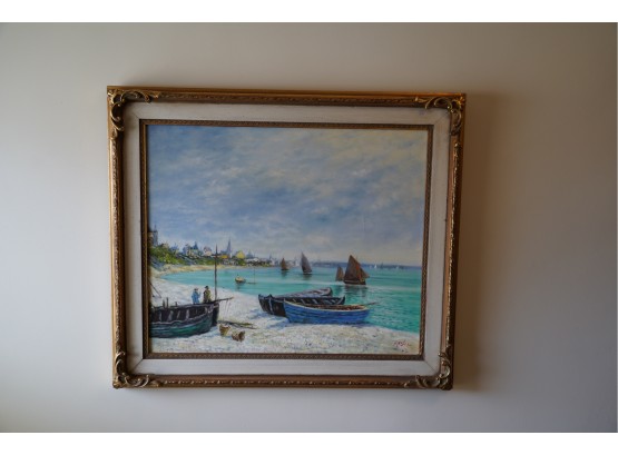 OIL AND CANVAS OF BEACH WITH BOATS, SIGNED, 29X26 INCHES