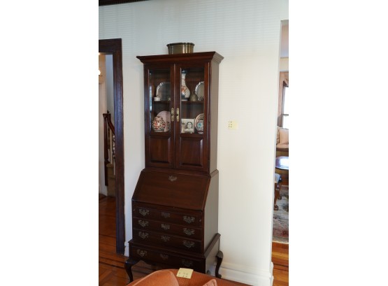 ANTIQUE SECRETARY DESK WITH PULL OUT DRAWERS AND CABINET ON TOP