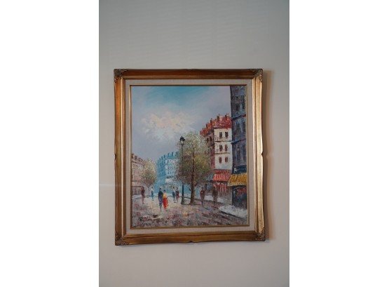 OIL AND CANVAS PAINTING OF A FOREIGN CITY,  SIGNED, 30X25 INCHES