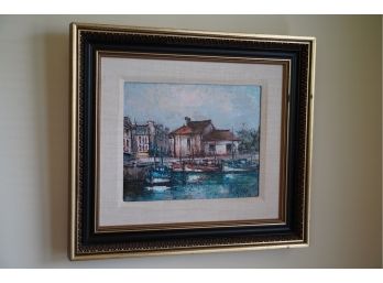 OIL AND CANVAS OF A BAY AREA WITH BLACK FRAME, SIGNED, 15X17 INCHES