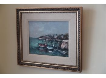OIL AND CANVAS PAINTING OF BOATS IN A TOWN, SIGNED, 15X17 INCHES