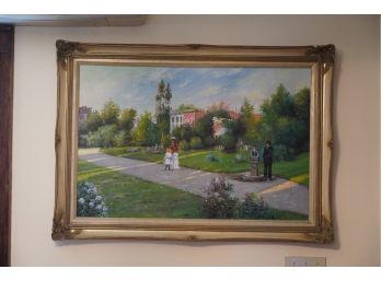 OIL AND CANVAS OF A OLD FASHIONED TOWN, SIGNED, 30X42 INCHES