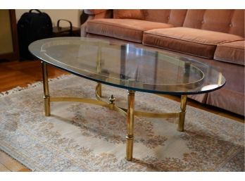 BRASS BOTTOM GLASS TOP COFFEE TABLE, GREAT CONDITION
