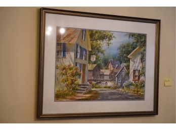 FRAMED PRINT OF A TOWN BY THE WATER, SIGNED BY GARY SHEPARD, 43X33 INCHES