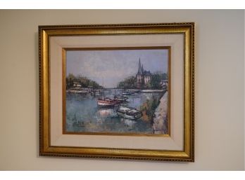OIL AND CANVAS OF A BAY WITH GOLD WOOD FRAME, SIGNED BY C FAKLY, 20X24 INCHES