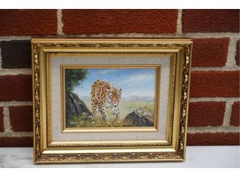 OIL ON BOARD OF A TIGER WITH GOLD FRAME, 5X7 INCHES