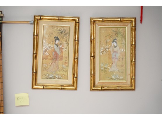 LOT OF 2 ASIAN STYLE GOLD FRAME PRINTS, 10X16 INCHES