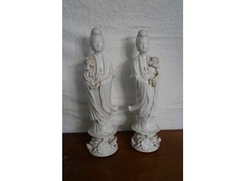 PAIR OF WHITE PORCELAIN STATUES, 16IN HEIGHT