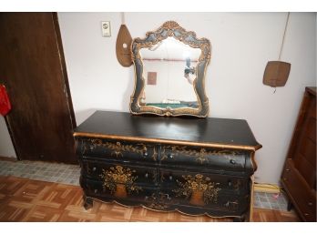 6 DRAWERS BLACK WITH FLORAL DESIGN AND GOLD TRIM DRESSER WITH MIRROR