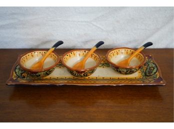 LOT OF 3 SOUP BOWLS WITH SPOONS AND TRAY