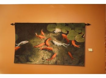 FRABIC HANGING DECORATION OF FISHES, SIGNED BY ARTIST , 54X35 INCHES