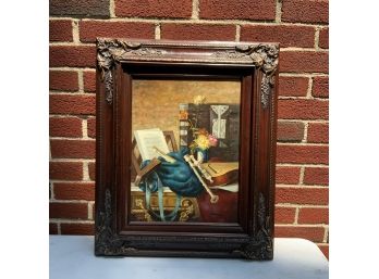 OIL AND CANVAS OF MUSIC, SIGNED, INSTRUMENTS WITH HAND CARVED FRAME, 19.5x24 INCHES