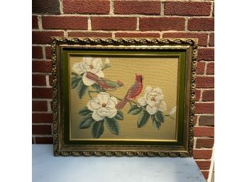 NEEDLE POINT OF BIRDS WITH GOLD FRAME, 26.5X21 INCHES