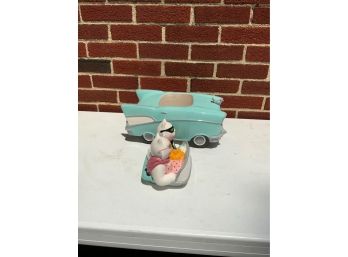 COOKIE JAR CLAY ART 'CRUISING CATS' HAND PAINTED, 13IN LENGTH
